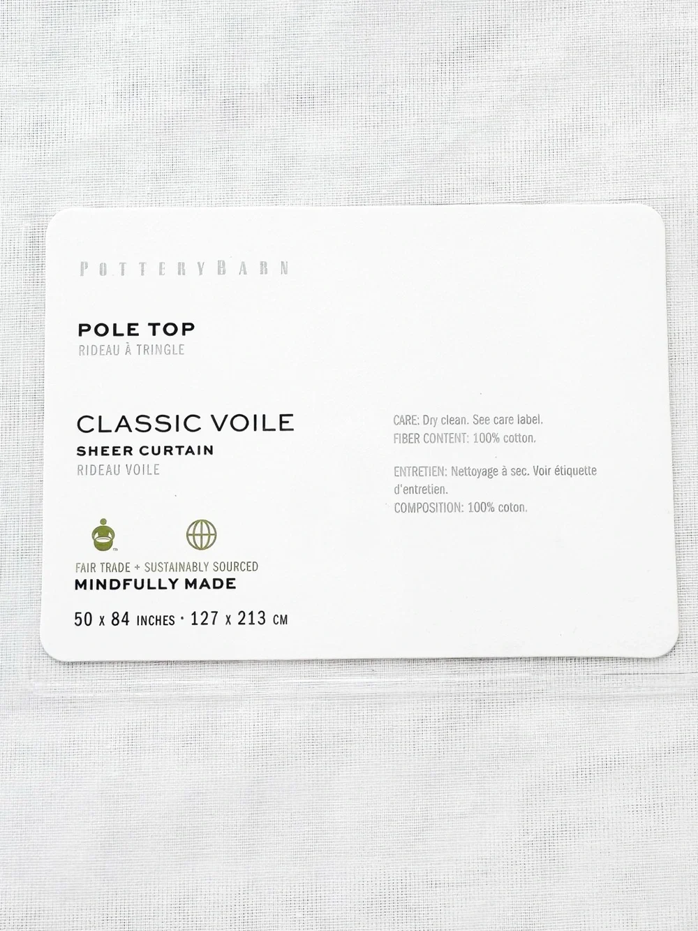 Pottery Barn Classic Voile Drape Set of 2 Panels in White | 84”